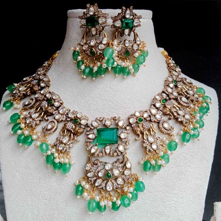 Handmade Brass Metal Jewellery Green Bridal Necklace Set